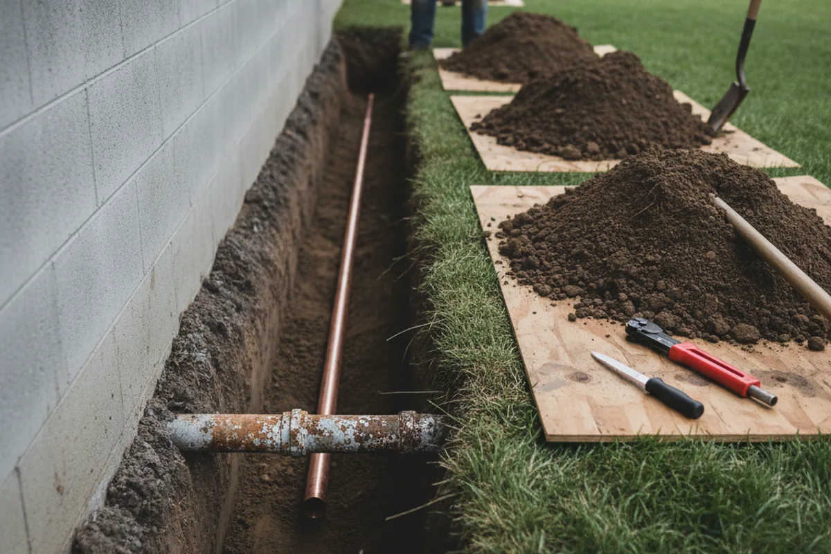 Excavated water line trench during Water Heater Repair in Lawrence Township